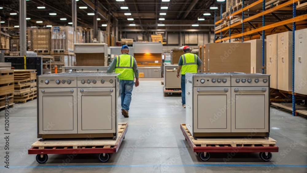 Poster Workers using carts to transport large kitchen sections across the workshop floor showcasing logistics and the scale of the operation in the background.
