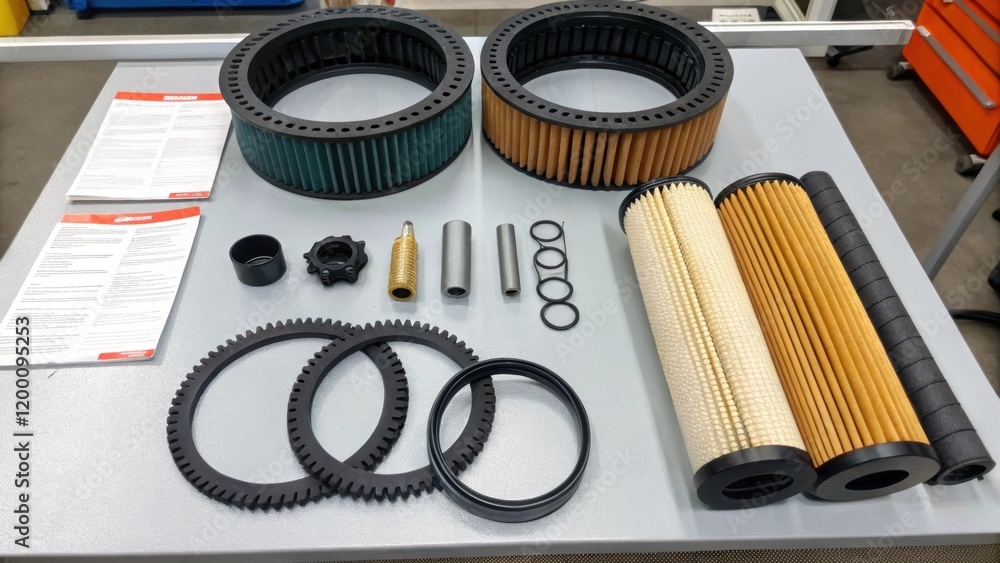 Aufkleber a brief glance at various replacement parts laid out including filters and belts showcasing preparat