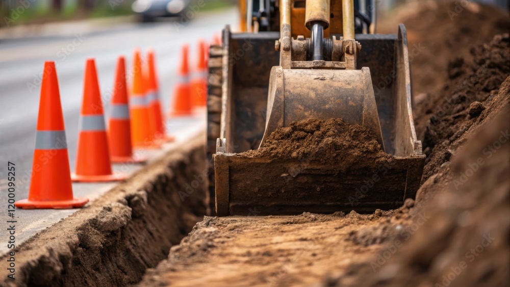 Poster zoom in on a backhoe digging a trench for cable installation with soil being disp and bright orange 