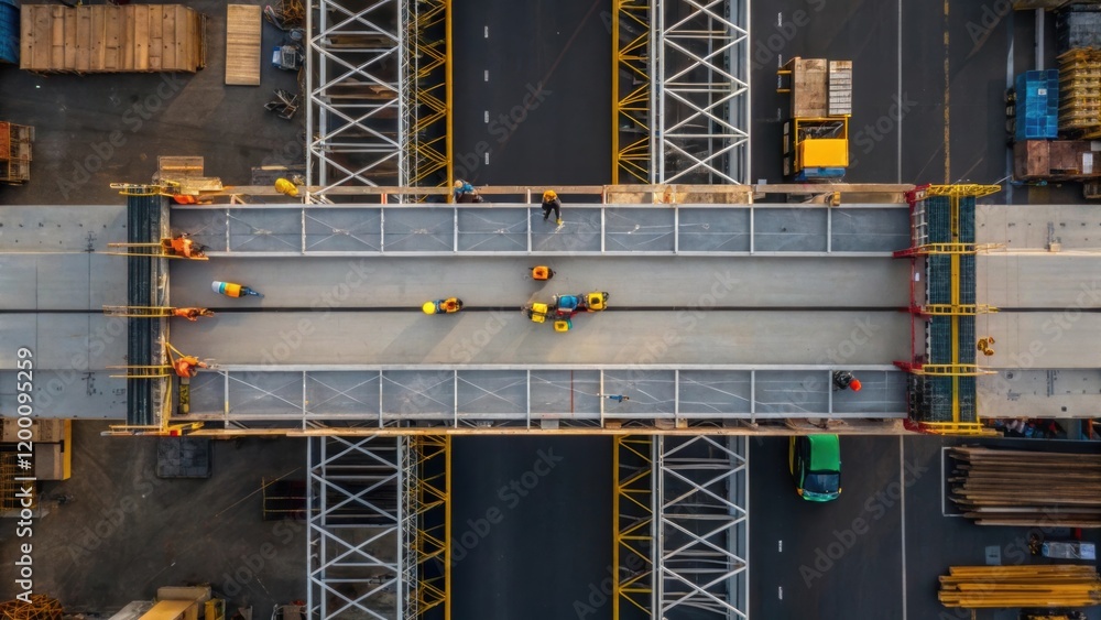 Aufkleber A birdseye view of multiple workers on scaffolding coordinating their efforts to maneuver a large bridge segment into position emphasizing collaboration in a busy construction