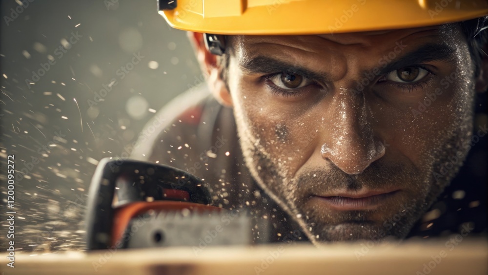 Aufkleber A closeup capturing the expression of focus on a workers face as they operate a saw dust particles visible in the air highlighting the intensity of the work environment.