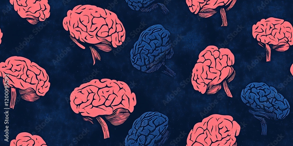 Poster unique seamless repeat pattern featuring colorful brain illustrations on dark background