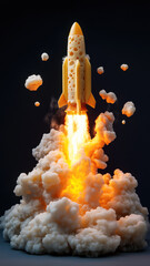 Obraz premium Cheese rocket launching from a cheese pad, humorous and surreal concept