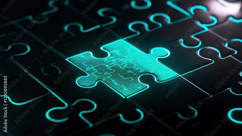 Poster a glowing puzzle piece fitting into a dark, intricate background, highlighting connection and unity 