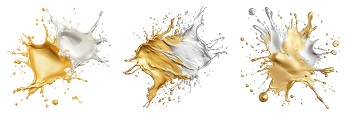 Set of Gold and Silver Paint Splashes Isolated on White and Transparent Background