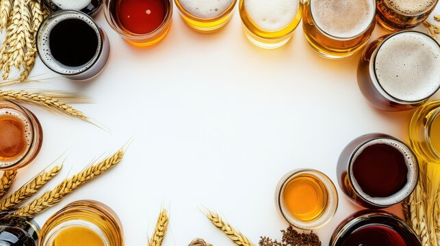 A vibrant arrangement of various beer types in glasses surrounded by wheat, showcasing brewing diversity - Powered by Adobe