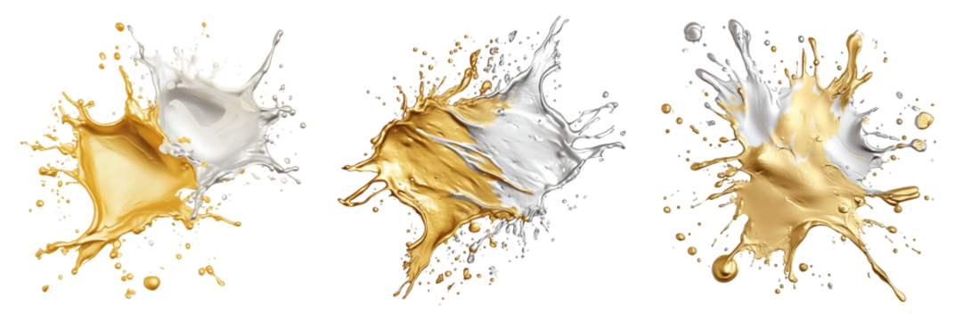 Set of Gold and Silver Paint Splashes Isolated on White and Transparent Background