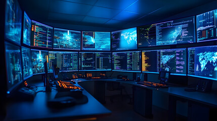 A high-tech underground control room, multiple curved screens show earthquake readings, satellite images, and global news in real-time, illuminated by a soft blue glow.