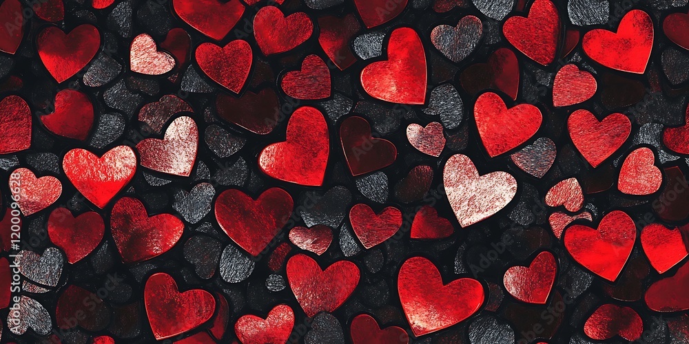 Poster red hearts create a seamless repeat pattern with dark textured background