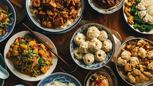 Chinese new year family food dumpling rice chowmein celebration feast asian oriental festival
