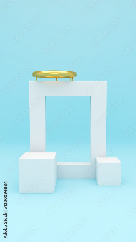 Poster minimalist product display with three white cubic platforms and golden circular top