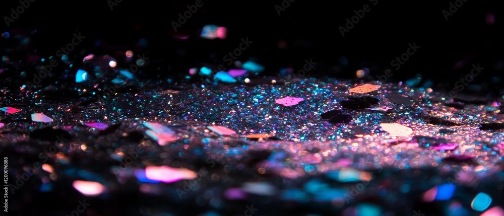 Poster Loose glitter sparkles on a dark surface creating a vibrant and enchanting visual effect