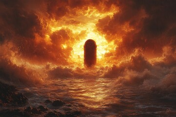 Fototapeta premium Fiery sky, stormy sea, arched gateway.