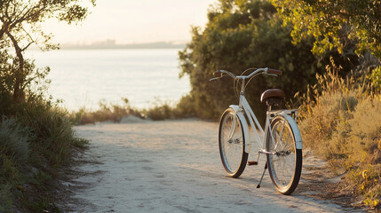 Fototapeta premium Vintage Bicycle on Serene Beach Trail at Sunrise