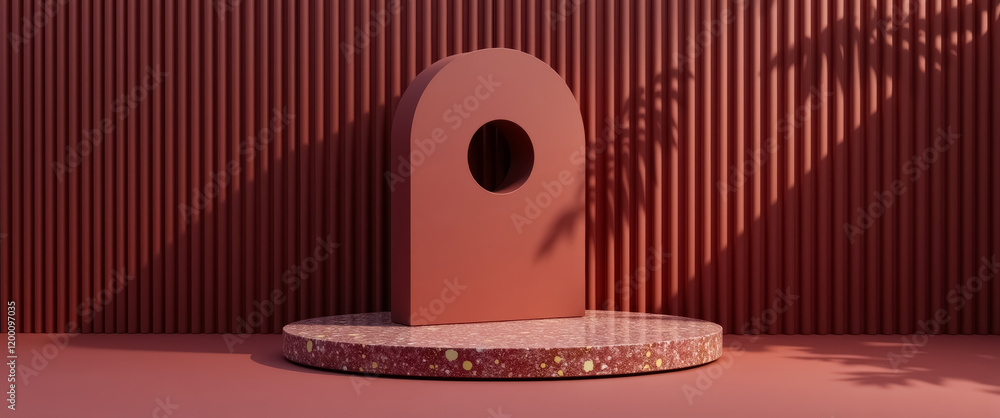 Poster minimalist product display platform with vertical grooved backdrop