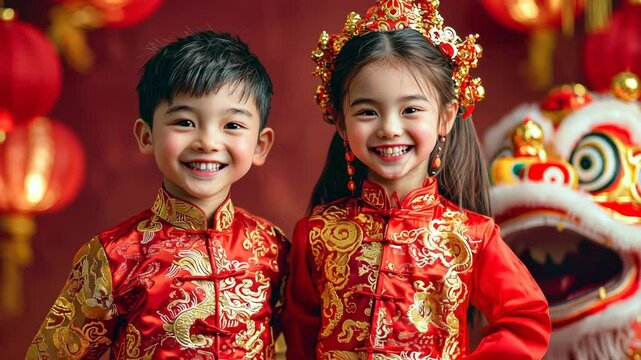 Chinese asian brother and sister during New year China celebration traditional festival dress
