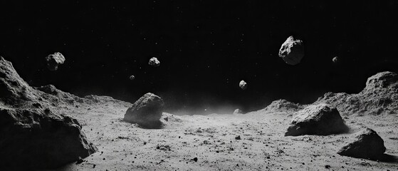 Lunar dust landscape featuring fine particles and floating rocks in a gray, textured environment