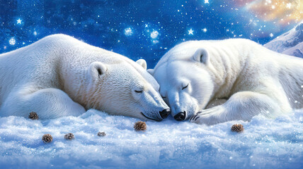 Obraz premium Two polar bears peacefully sleeping together on a snowy landscape, surrounded by a sparkling, starry night sky.