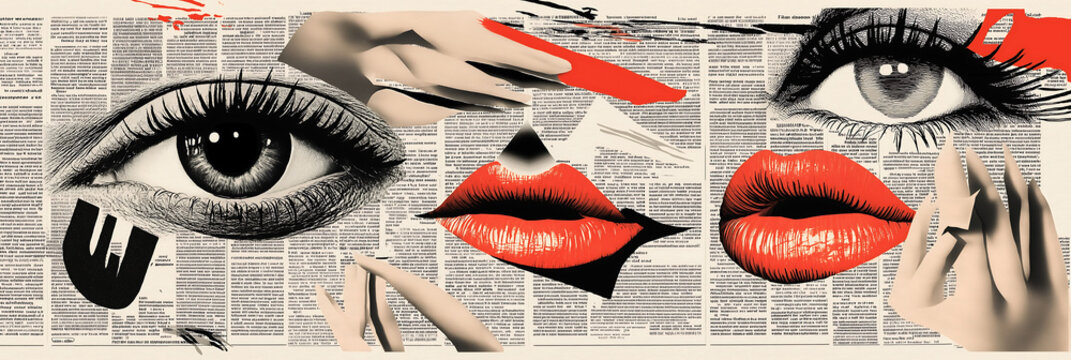Fake news trendy vintage collage conception. Halftone lips, eyes, hands. Retro newspaper and torn paper. Elements for banners, poster, social media