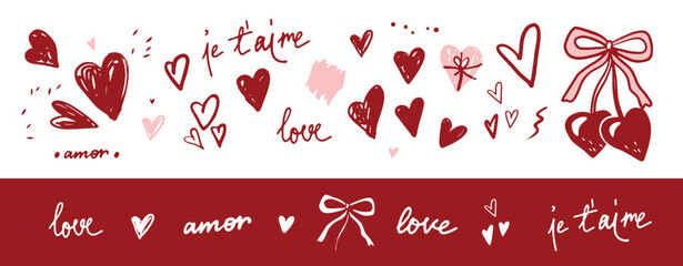 Modern, vector illustration. Hand-drawn red and pink hearts, love in multiple languages, bows, and cute elements. Decorative elements set for Valentine's Day cards, posters, romantic designs, patterns