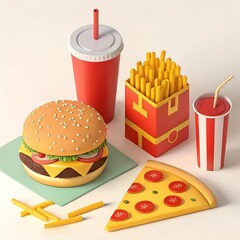 Set of fast food icons. Burger, French fries, cold drink. Isometric 3D