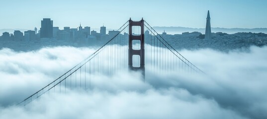 Obraz premium Golden Gate Bridge Piercing Through a Blanket of Fog with City Skyline in the Background