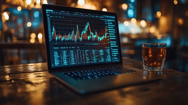 Trading strategies displayed on a laptop screen in a cozy bar setting with a glass of whiskey