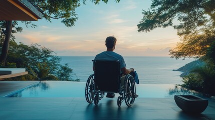 Man in a wheelchair enjoys a serene sunset view over the ocean from a modern terrace