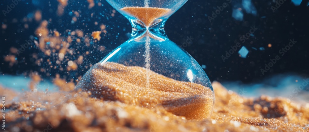 Poster magic hourglass with flowing sand and shimmering particles captured during twilight