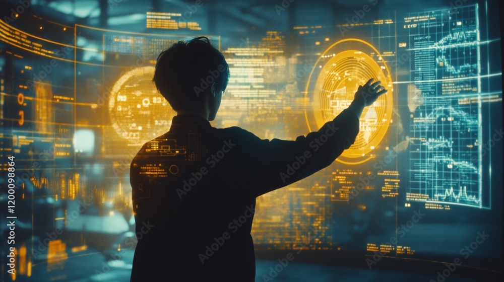 Poster person interacting with a futuristic holographic interface displaying data.