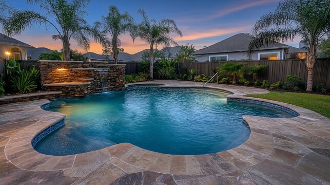 Freestanding water feature and freeform pool at dusk.