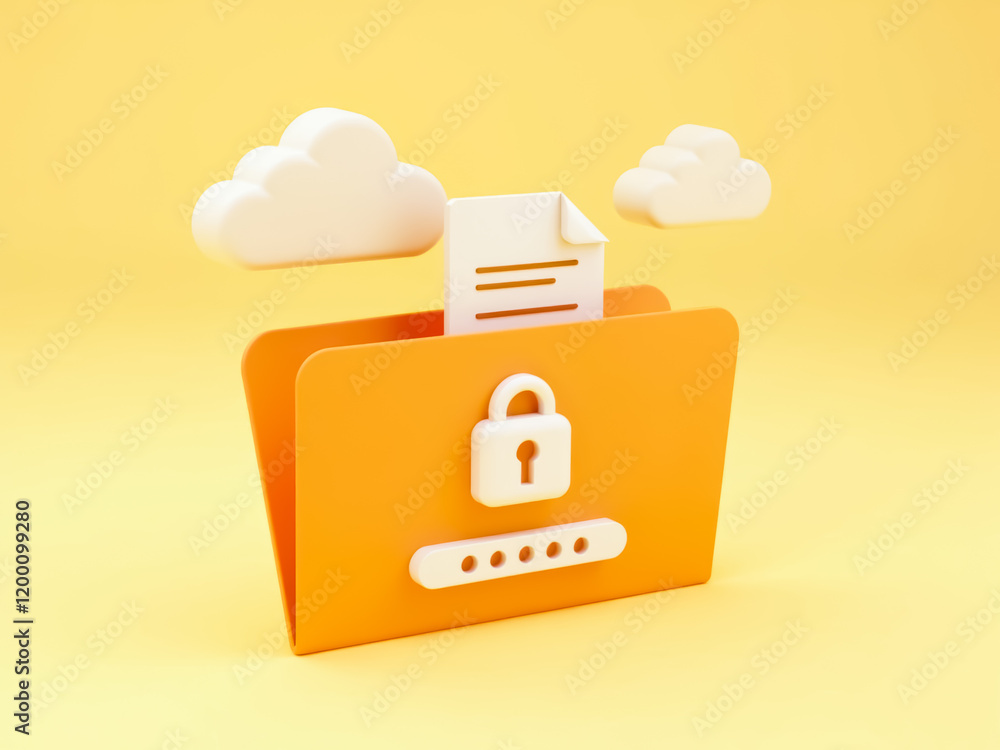 Poster secured digital folder with document and password depicted in a 3d rendering