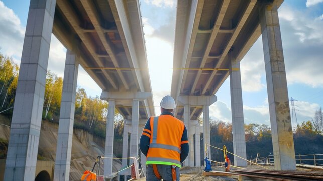 Fototapeta A structural engineer inspecting a newly constructed bridge, with bridge supports and safety equipment in the background, Bridge inspection scene
