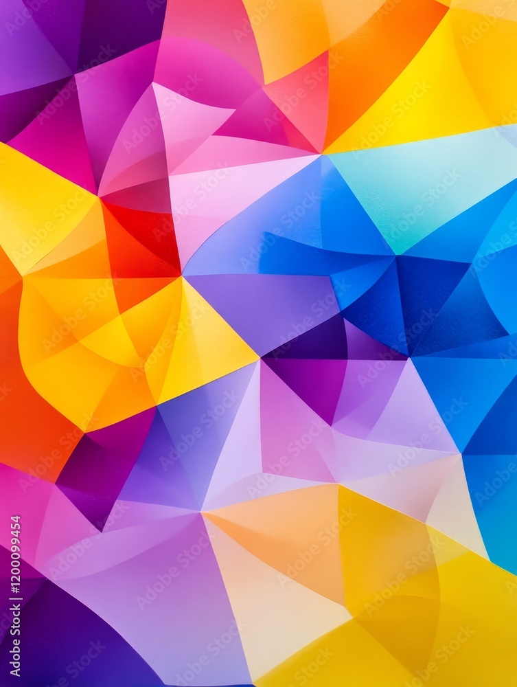 Poster a vibrant abstract composition of layered colorful polygons - symbolizing energy, creativity, joy, h