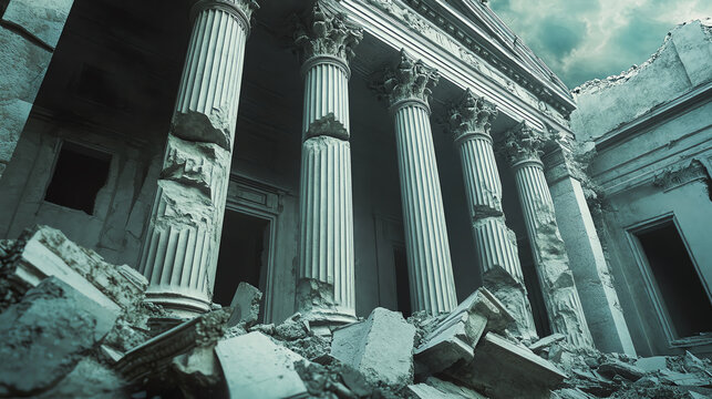 Crumbling pillars of a courthouse, law restriction prohibition governance, symbolizing challenges to authority
