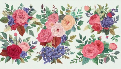 Beautiful romantic flower collection featuring elegant roses, delicate leaves, vibrant floral bouquets, unique flower compositions, lush petals, and enchanting arrangements, offering an artistic touch