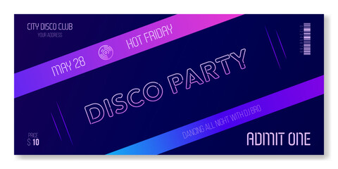 Universal event ticket template in neon colors. For parties, concerts, sport competitions and other events in youth dynamic style. Vector, for web and print. Just add your text.
