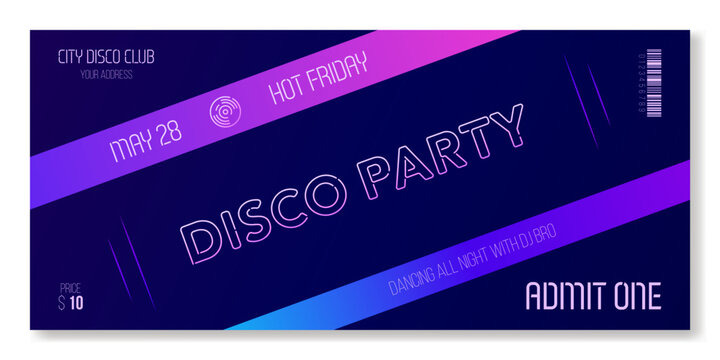Universal event ticket template in neon colors. For parties, concerts, sport competitions and other events in youth dynamic style. Vector, for web and print. Just add your text.
