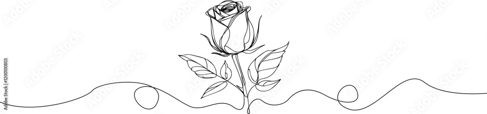 Wall mural Rose one line drawing. Abstract flower continuous line. Minimalist contour drawing of rose . Continuous line drawing of flower rose . Hand drawn sketch of flower with leaves.