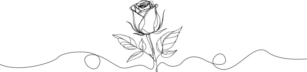 Rose one line drawing. Abstract flower continuous line. Minimalist contour drawing of rose . Continuous line drawing of flower rose . Hand drawn sketch of flower with leaves.