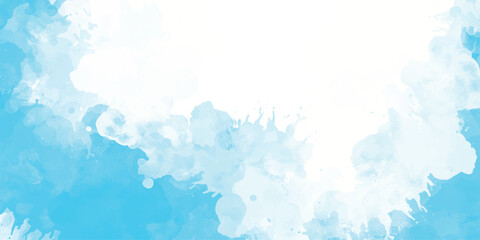 A blue and white watercolor painting with a blue sky background 
