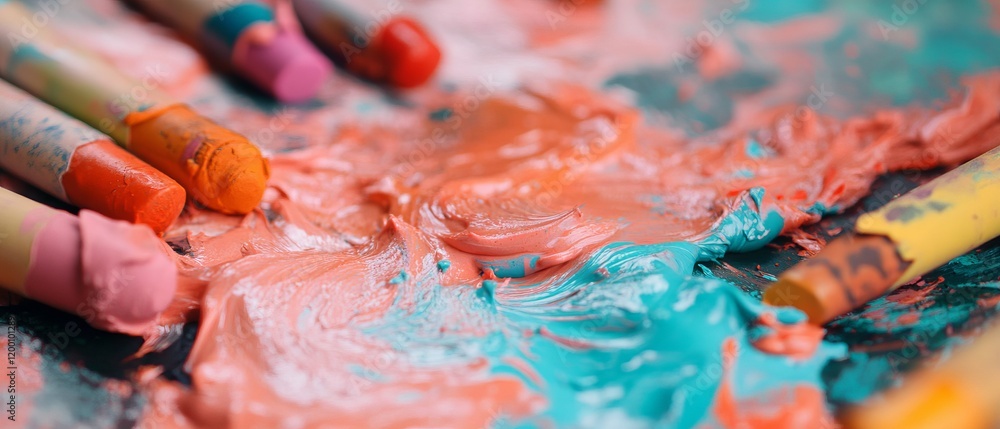 Aufkleber Vibrant melted crayons create abstract patterns in bright hues on a surface