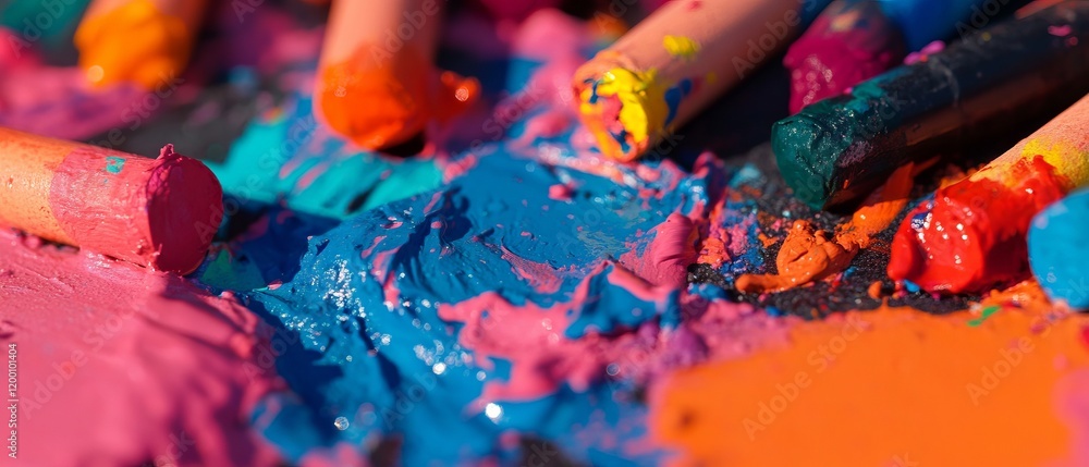 Aufkleber Melting crayons create vibrant abstract patterns on a dark surface
