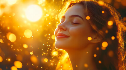 Abstract depiction of joy as a radiant golden explosion of light particles. Ethereal and dynamic atmosphere