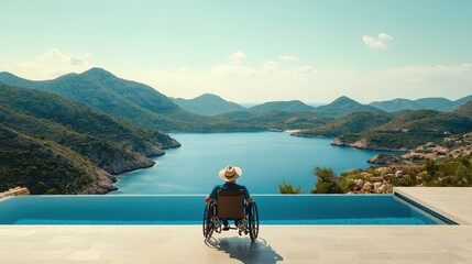 Individual enjoying tranquil views from a wheelchair beside a stunning pool overlooking a serene coastal bay