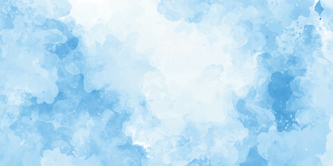 A blue and white watercolor painting with a blue sky background 
