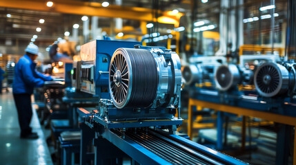 A factory producing electric motors for industrial machinery, with workers overseeing the process, electric motor production, industrial machinery manufacturing
