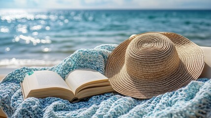 Enjoying a peaceful day at the beach with a good book and sun hat on a soft blanket by the ocean waves