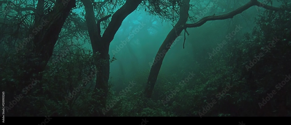 Poster mystical fog envelops a serene forest, creating an ethereal atmosphere in nature's embrace