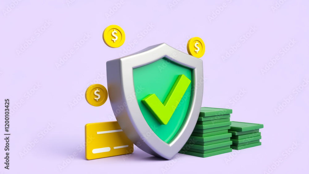 Poster 3d rendering of a silver shield with green checkmark symbolizing financial security and protection
